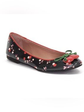 RED Valentino Black Cherry-Print Patent Ballet Flat with Red Trim and Green Bow